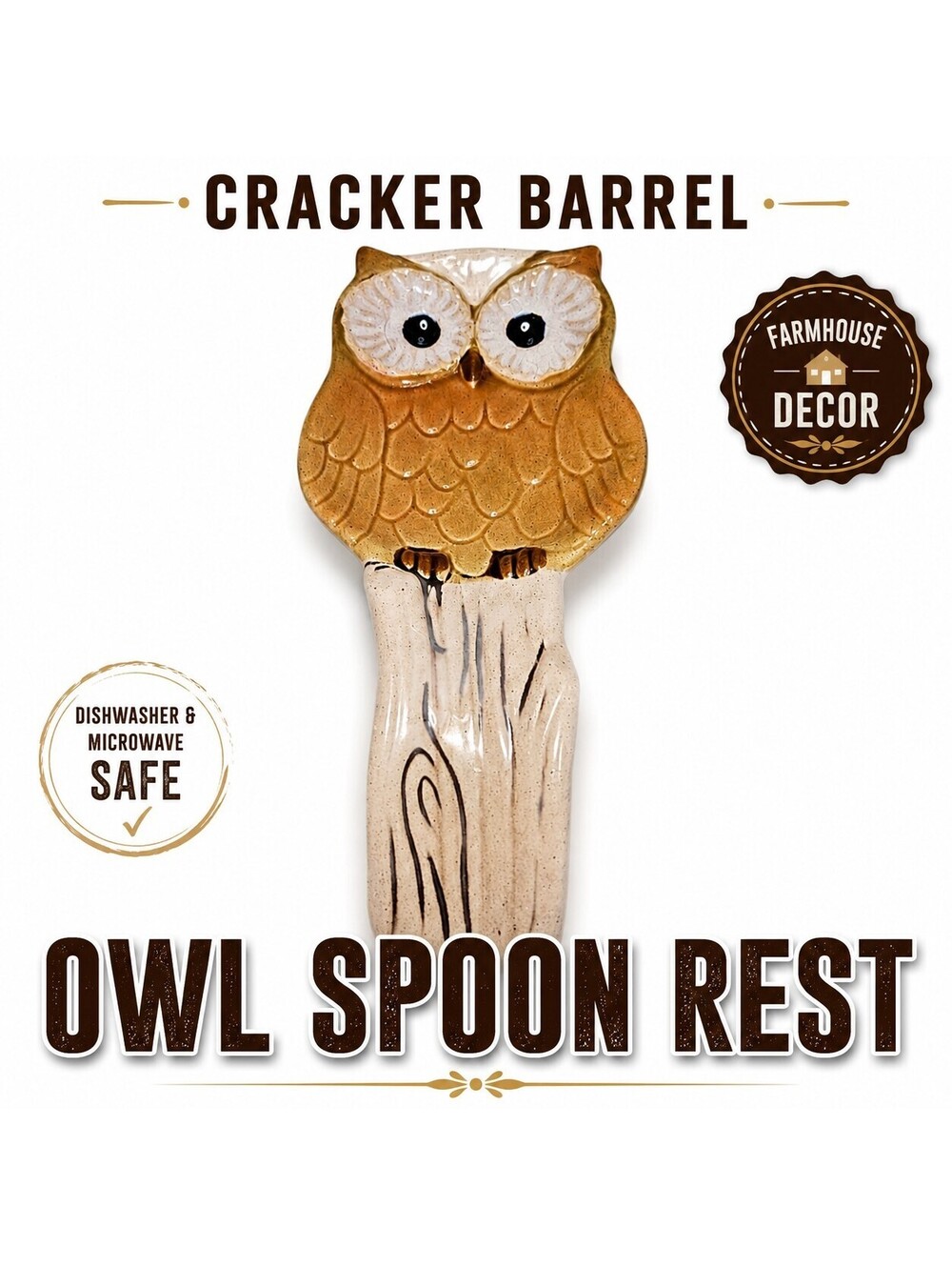 Cracker Barrel Owl Spoon Rest Stoneware Brown Cream Ceramic Kitchen Decor